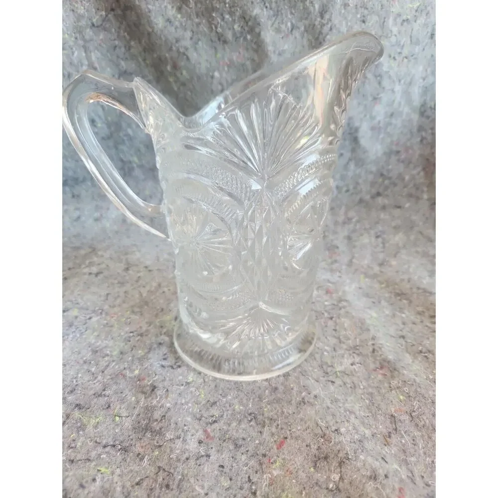 Vintage EAPG Clear Pressed Glass Pitcher with Medallion Sunburst Pattern - 8.5